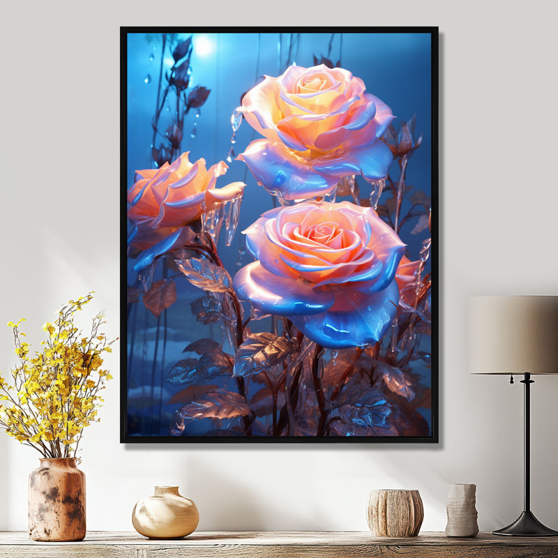 «Magical Pink Nocturnal Magic - Roses», reproduction d'art murale, H 32 po x l 16 po x P 1 po, Toile avec cadre flottant noir