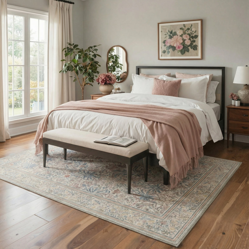 Floret Modern Machine Washable Pink / Beige / Blue Indoor Area Rug with Non-Slip Backing, Rectangle 8' x 10'
