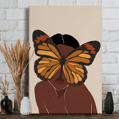 Butterfly Veil Monarch Inspired Woman Portrait - Modern Wall Art Print on Gallery Wrapped Canvas, 36" H x 24" W, Ready to Hang