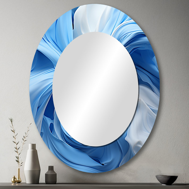 Miroir mural ovale bleu et blanc à spirale abstraite, 43 po x 33 po