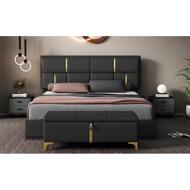 Ensemble de chambre à coucher 2 pièces, lit plateforme tapissier grand avec système de rangement hydraulique, repose-pieds avec pieds en métal