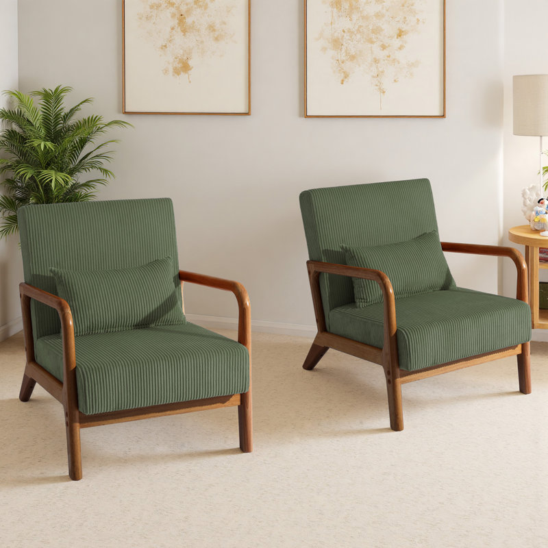 Chaise d'appoint Jyrin Mid Century, Bois brun foncé, Velours côtelé gris-vert