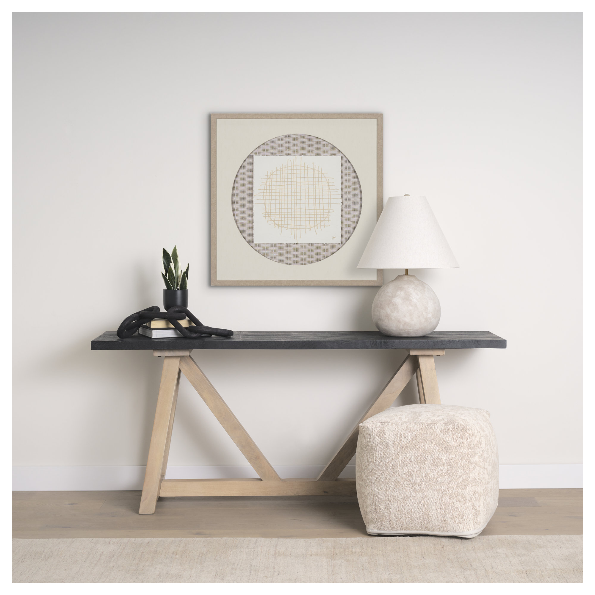 Kason Upholstered Pouf, Cream Cotton Blend