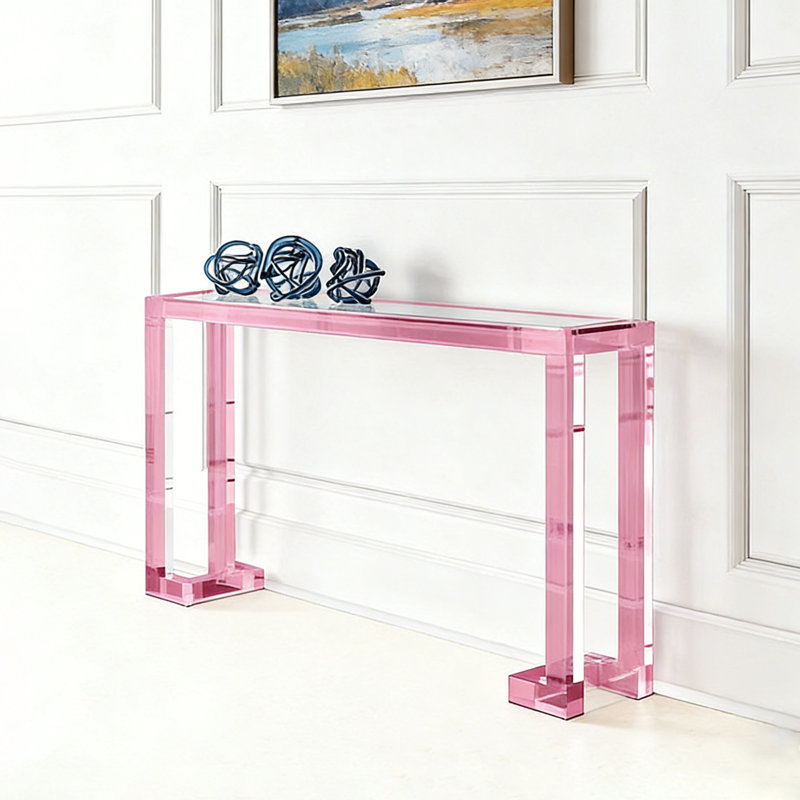 Clear Glass Top Acrylic Console Table, 31.5" H x 47.24" W x 11.81" D, Pink