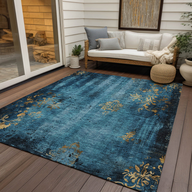 Tapis bleu intérieur / extérieur lavable à la machine Xhevrie, Rectangle 9 pi x 12 pi