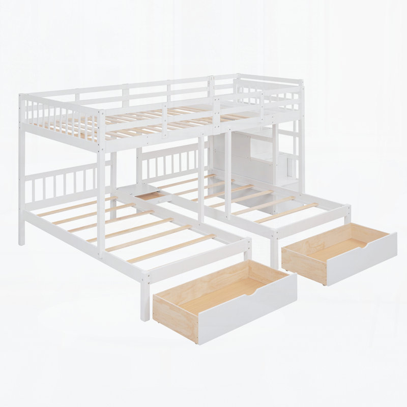 Lit double au-dessus de simple et simple avec tiroirs et garde-corps, Blanc