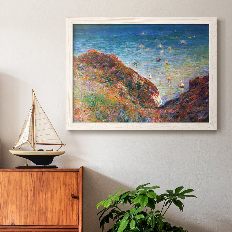 Sur les falaises de Pour Ville, beau temps par Monet - Toile tendue avec châssis rustique, Cadre blanc