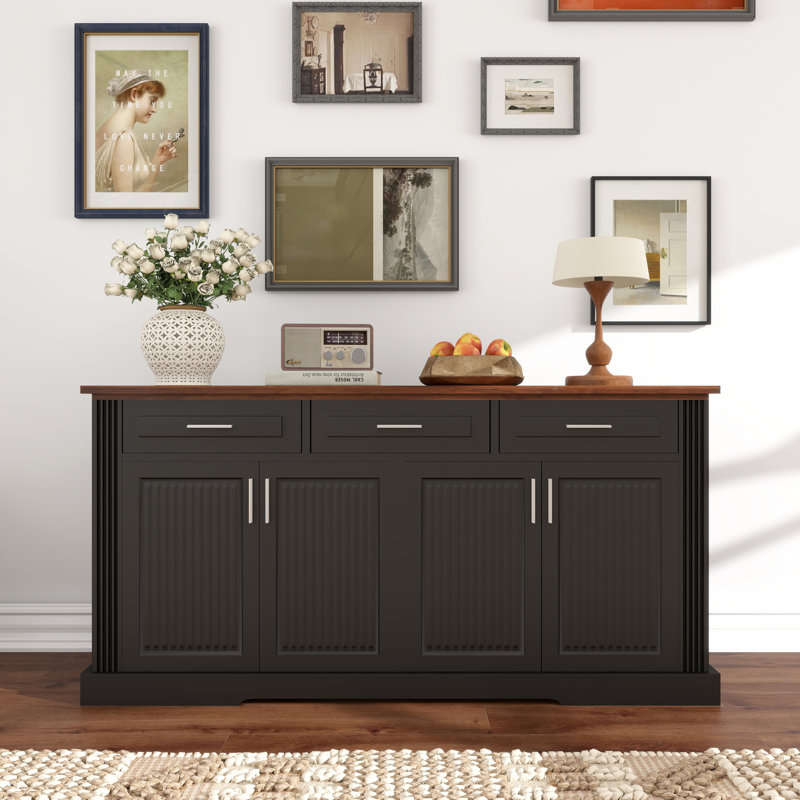 63" Fluted Storage Sideboard Buffet Cabinet With Shelf And 3 Drawers, Black/Brown