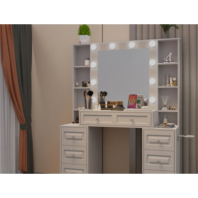 Bureau de coiffeuse avec miroir et lumières, coiffeuse de maquillage avec plateau en verre et tiroirs et tabouret rembourré, coiffeuse avec tiroirs, coiffeuse pour chambre