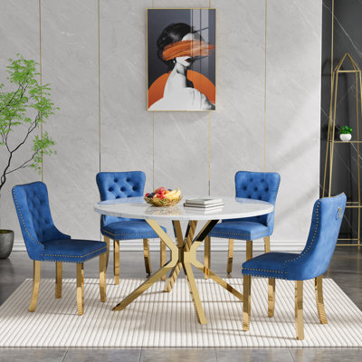 Round Dining Table Set, White Marble Dining Table & Velvet Dining Chairs with Stainless Steel Pedestal, 45" Dining Room Table and Chairs Set, Luxury Dining Table Set