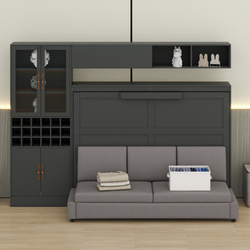 Murphy Bed Wall Bed With Sofa , Shelves USB & Light, Grey