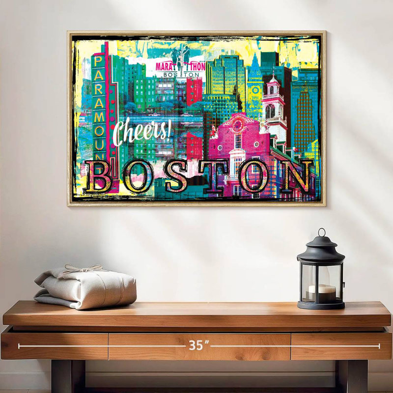Repères grunge de Boston City, Cadre flottant en bois naturel, 25 po x 17 po