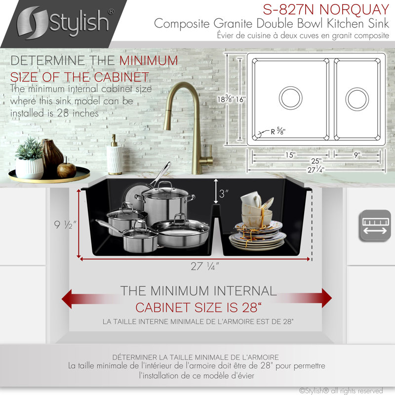 Black Composite Granite 27-Inch Double Bowl Kitchen Sink