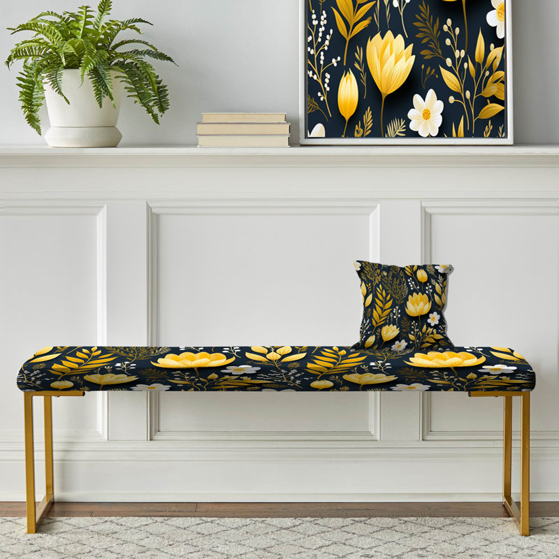 Retro Floral Revival Botanical Pattern I - Botanical Upholstered Gold Bench