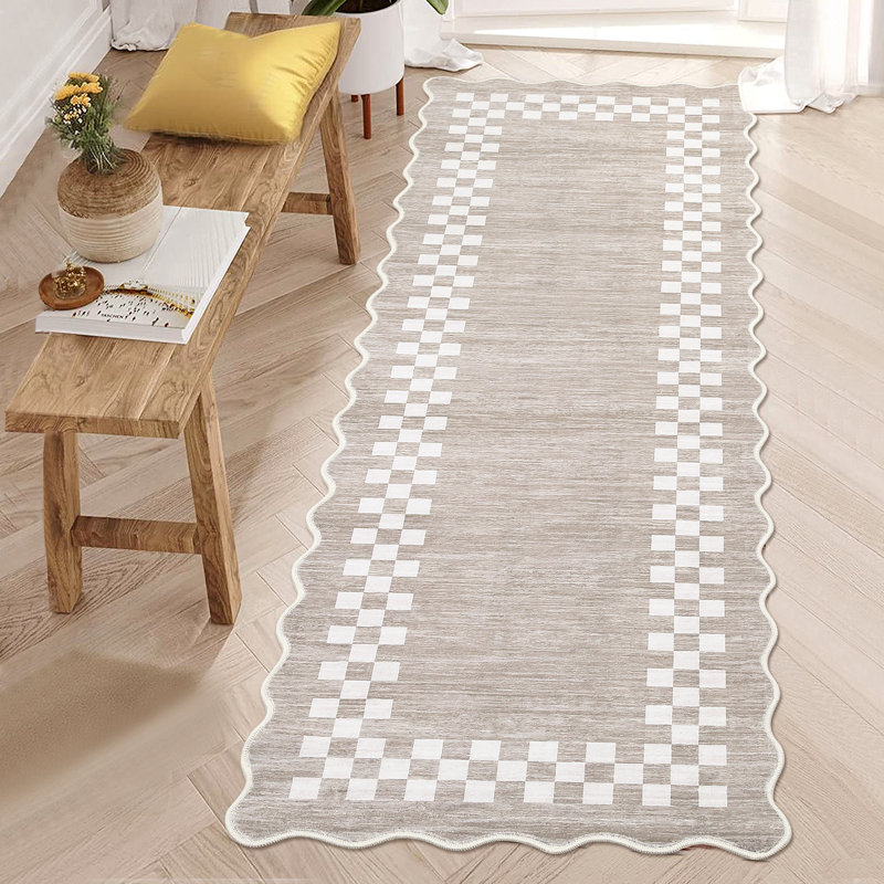 Scalloped Area Rugs Modern Bordered Accent Carpet,Non-Slip Floor Cover,Stain-Resistant Indoor Mat for Bedroom,Kitchen,Living Room