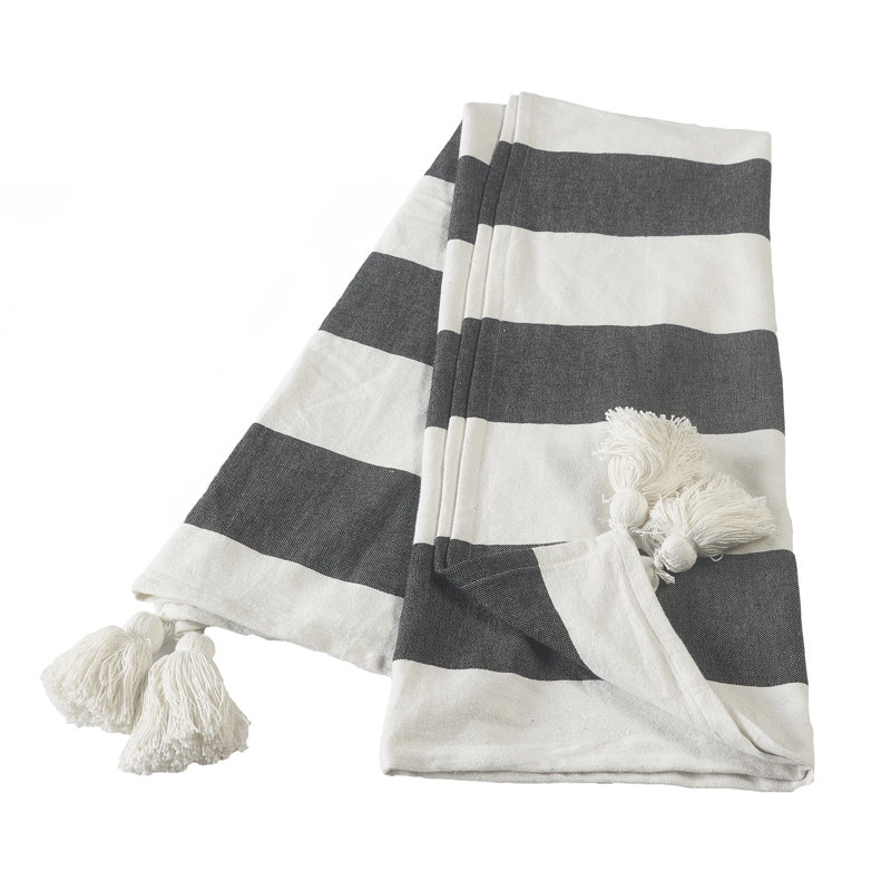  Jeté rayé 100% coton avec pampilles, Noir / blanc rayé 2
