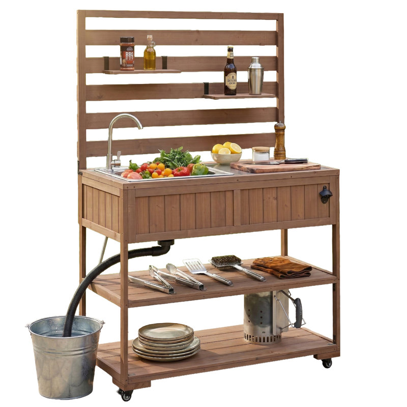  Banc de jardinage 41,7 "avec lavabo, table de rempotage extérieure, ouvre-bouteille, tablettes de rangement, rehausse, brun