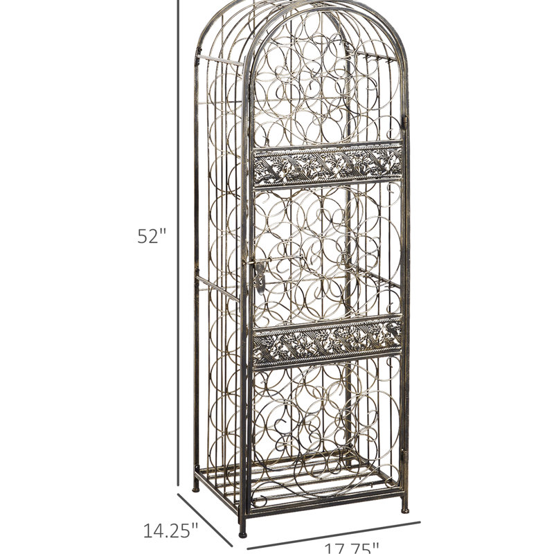 Étagère à vin verrouillable en fer forgé - Bronze antique, capacité de 45 bouteilles, construction robuste, 45,6 cm (l) x 36,5 cm (p) x 132 cm (h), avec serrure, touche moderne.