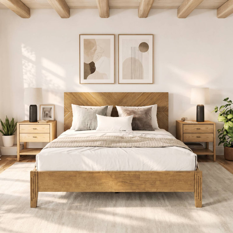 Solid Wood Queen Platform Bed with Storage Shelf