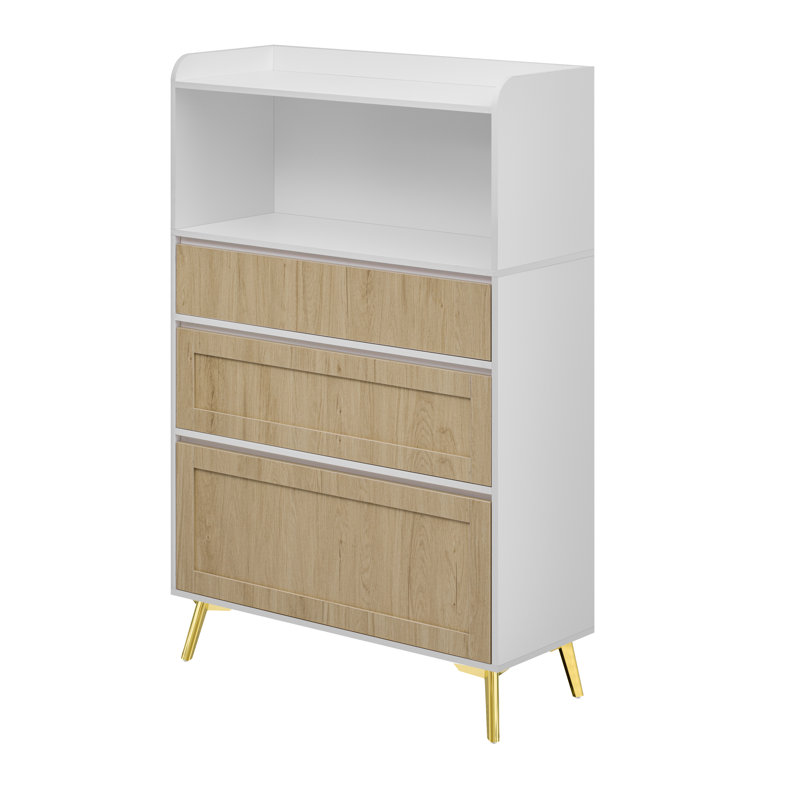 Armoire de rangement moderne à trois tiroirs avec accents dorés