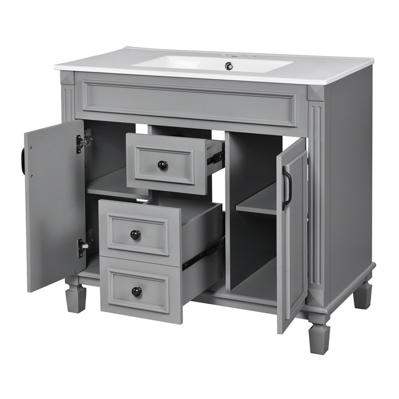 Meuble-lavabo 36 po avec lavabo supérieur, armoire de rangement moderne avec 2 portes à fermeture douce et 2 tiroirs, Gris