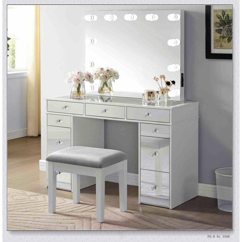 Contemporary Style Vanity Set With Stool, Glass Top, Storage Drawers, Central Mirror, Bulbs, And USB/Power Outlet