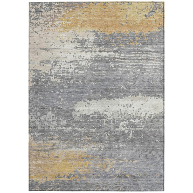 Tapis intérieur/extérieur lavable, motif abstrait or, gris et argent, 2,74 m x 3,66 m.