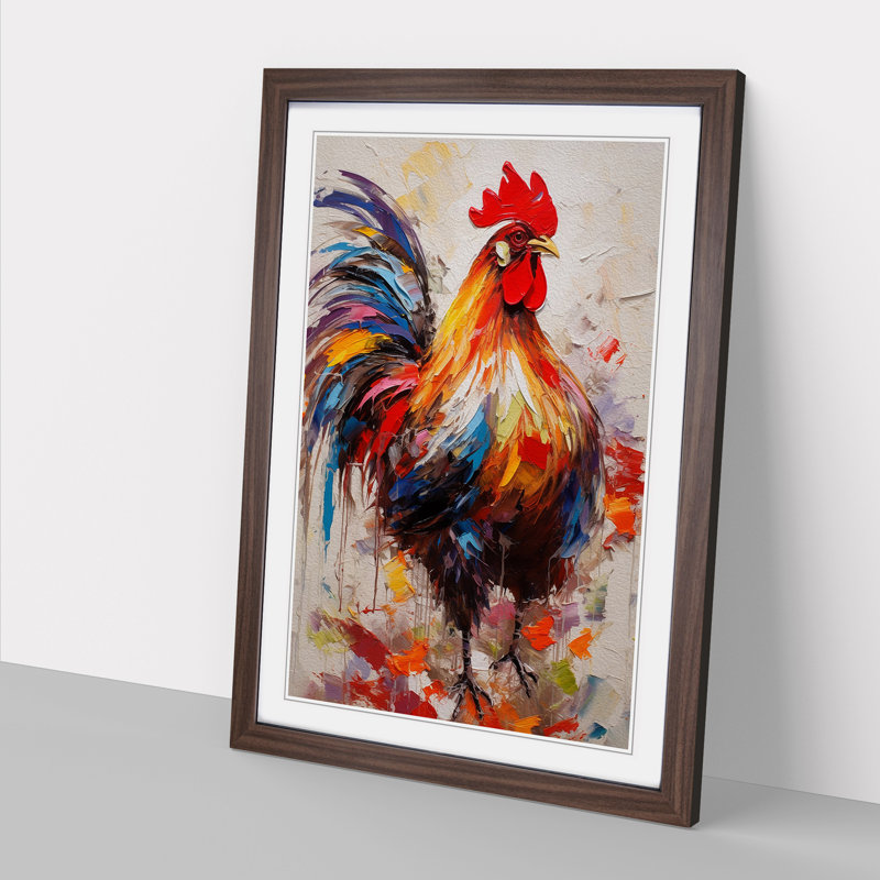 Rooster Gestural - Single Picture Frame Print on Wood, 34cm H x 25cm W x 2cm D, Walnut