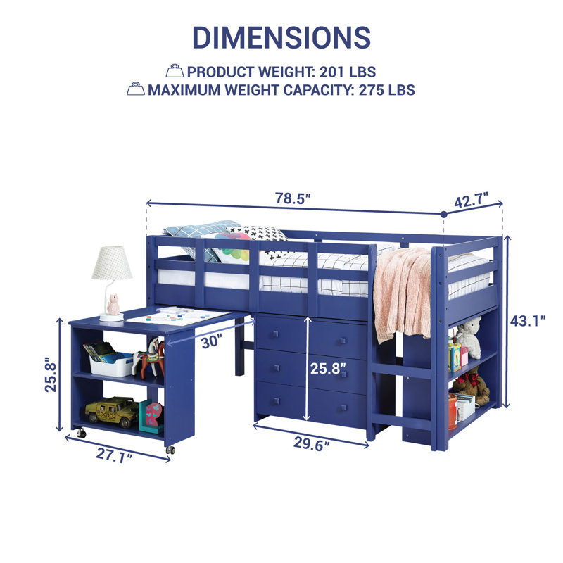 Lit mezzanine simple avec bureau Maretti, Bleu marine