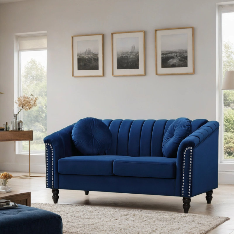 60" Upholstered Classic Chesterfield Loveseat, Blue