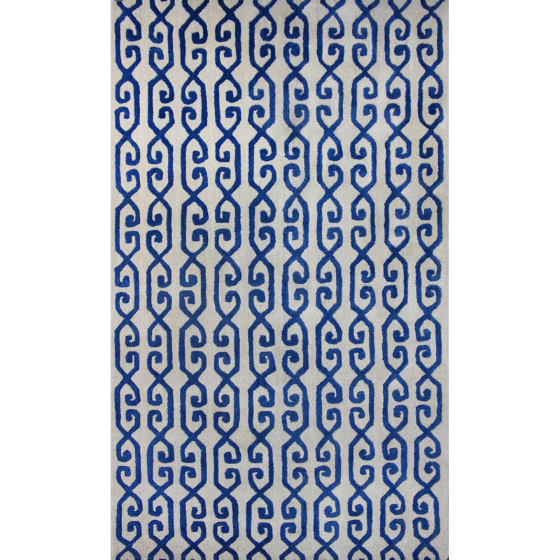 Tapis beige / bleu en laine touffeté à la main à motif géométrique Ripon, Rectangle 4 pi x 6 pi