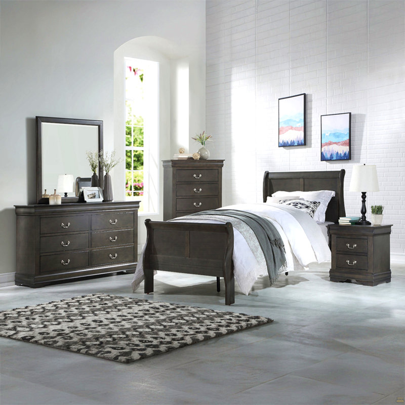 1Pc 2-Drawers Nightstand Wooden Bedroom Furniture, Dark Gray