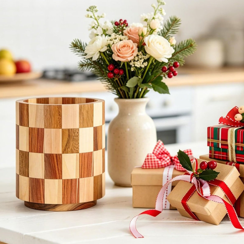 Wooden Rotating kitchen Utensils Holder for Kitchen, Spatula Holders, Checkered