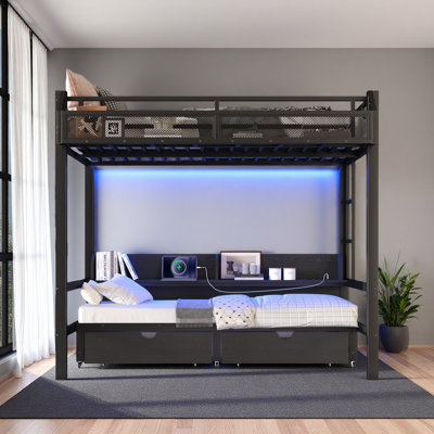 Full Over Full Bunk Bed With Storage Shelves And Drawers,Multifunctional Metal Bunk Beds With USB Ports And LED Lights, Lower Bed That Can Be Converted Into A Sofa