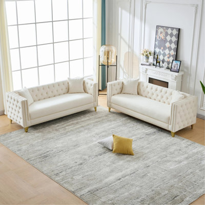 Canapé Chesterfield en velours, canapé à assise profonde 3 + 3 places, canapé moderne avec têtes de clou à boutons, accoudoirs carrés, mobilier de salon, de chambre à coucher, de bureau, beige