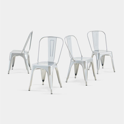 Set Of 4 High Gloss Silver Industrial Metal Dining Chairs 18 Inch Seat Height Stackable Indoor Outdoor, Lightweight Easy-Clean Surface, Easy Assembly, Durable Modern Design, For Kitchen Cafe Bar