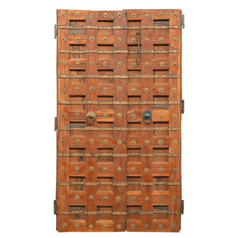 Panneau de porte 70 "en bois de teck indien antique sculpté à la main avec sangles en laiton