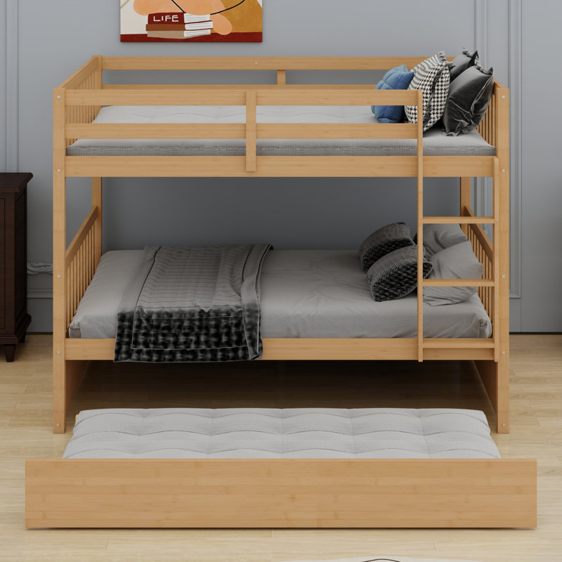 Bunk Bed With Trundle, Featuring Rubber Wood, Ladder And Guardrails, White Oak