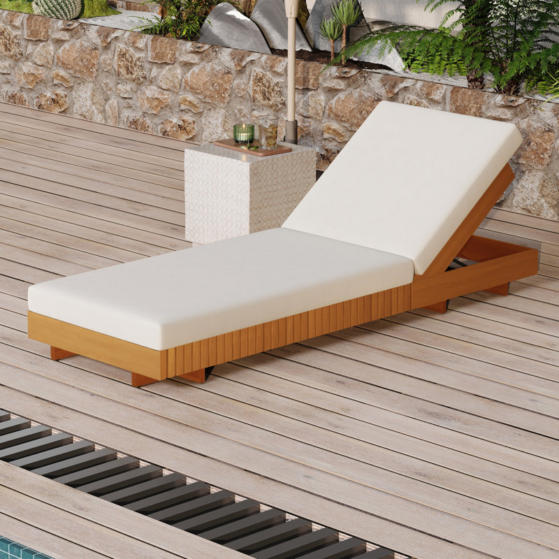 Acacia Wood Outdoor Chaise Lounge Set With Adjustable Backrest And Plush Cream Cushion For Ultimate Relaxation, Cream
