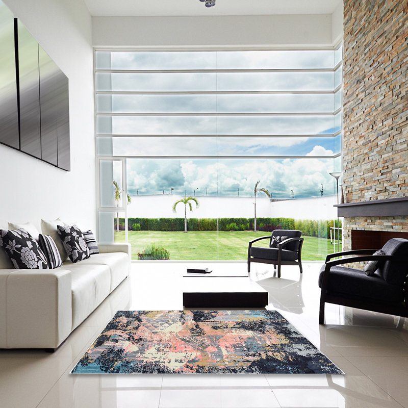 Tapis abstrait bleu / gris, Carré 8 pi