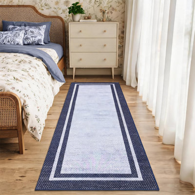 Tapis moderne à bordure encadrée beige 2 par 6 pieds lavable en faux tapis en laine à poils courts avec envers antidérapant TPR pour le couloir, la cuisine, la chambre, le salon, l'entrée et la décoration moderne