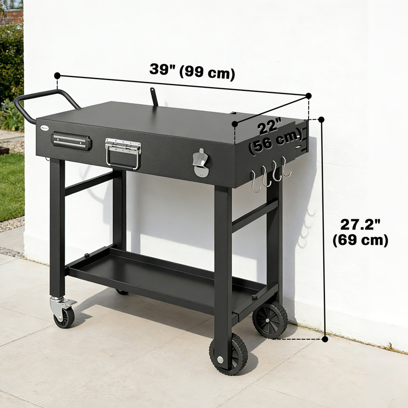 Chariot de barbecue, table de barbecue pliable avec porte-couteau magnétique, noir