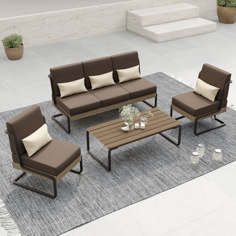 Bricelynn 5 - Person Aluminum & Wicker Outdoor Sofa Seating Group with Cushions & Pillows, Brown, Khaki