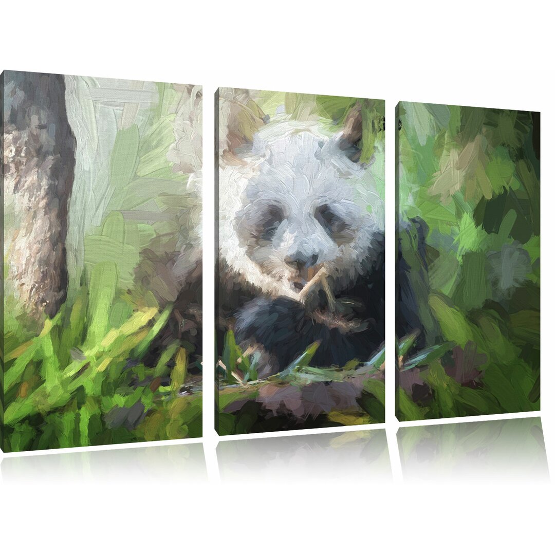 3-tlg. Leinwandbilder-Set „Niedlicher Panda isst Bambus“, Grafikdruck