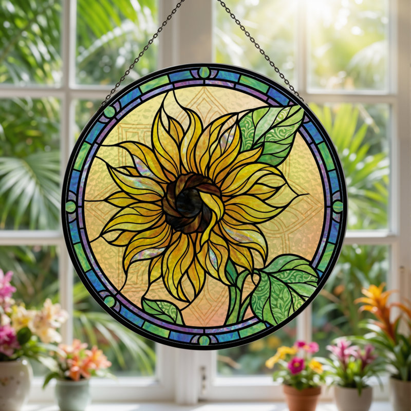 12"H Sunflower Pattern Stained Glass Window Panel, 12" H x 12" W