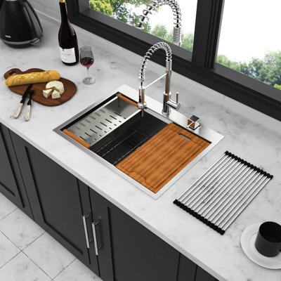 Évier de cuisine en acier inoxydable 28 pouces - Station de travail encastrée de calibre 16 à conception de cuisine moderne de 28 po x 22 po avec accessoires