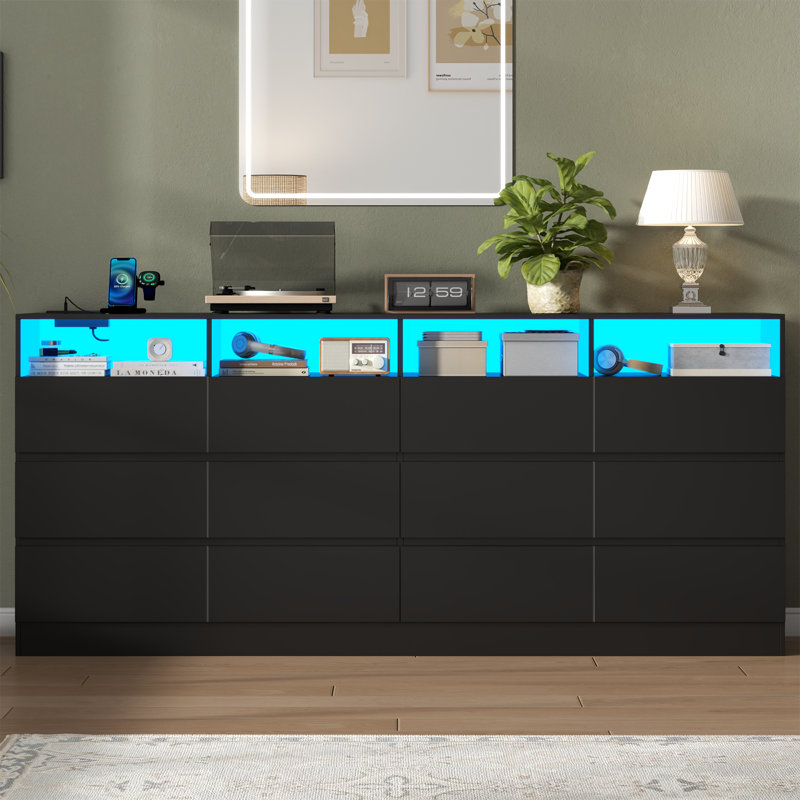 Wrought Studio™ 12-Cell Divided Drawer Dresser With Charging Station & Led Lights For Bedroom, Long 63" Quadruple Wide Dresser TV Stand For Tvs Up To 75", Large Dressers Organizer With 4 Open Cubbies For Room
