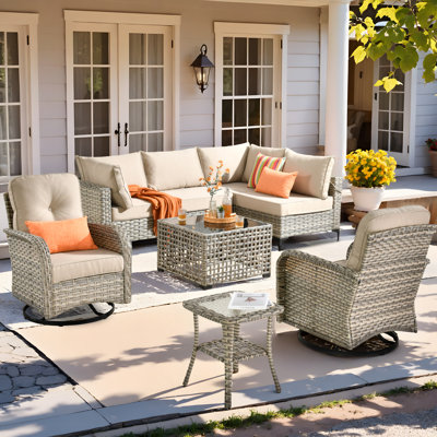 Tommy Outdoor Wicker 6 Person Seating Group With Cushions With Rocking And Swivel Chairs