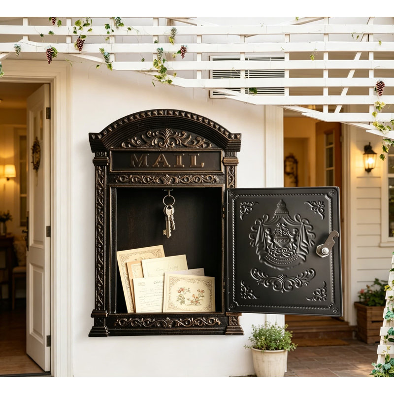 Boîte aux lettres vintage verrouillable pour fixation murale d'extérieur - Boîte aux lettres décorative en fonte avec serrure à clé, finition résistante à la rouille, grande capacité pour les lettres et les colis