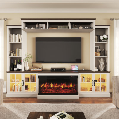 98" Tv Stand With Electric Fireplace, Large Entertainment Center For 70" Tvs, Tv Console With Charging Station, Cable Holes, Adjustable Shelves & Glass Doors